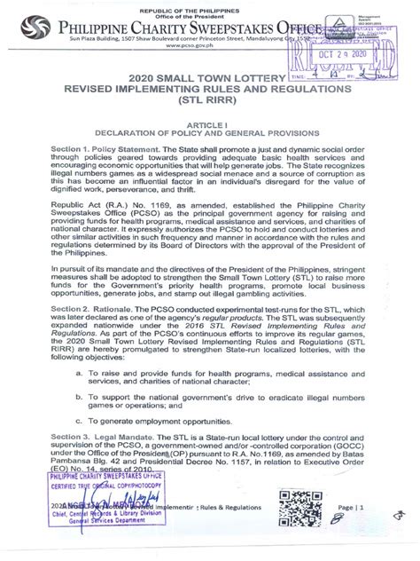 PSCO 2020 Small Town Lottery Revised Implementing Rules and  .